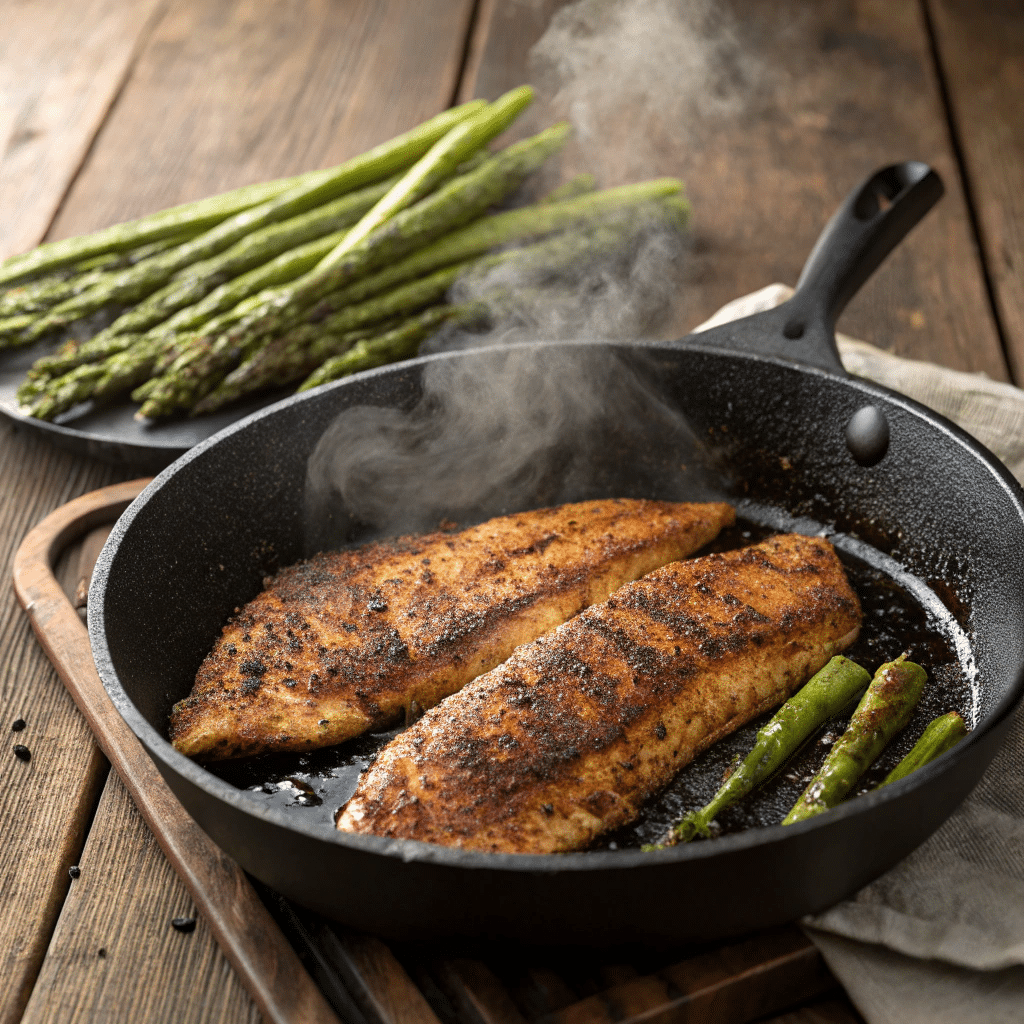 Blackened catfish fillets cooking in a cast iron skillet with asparagus and visible steam in a rustic Southern kitchen.