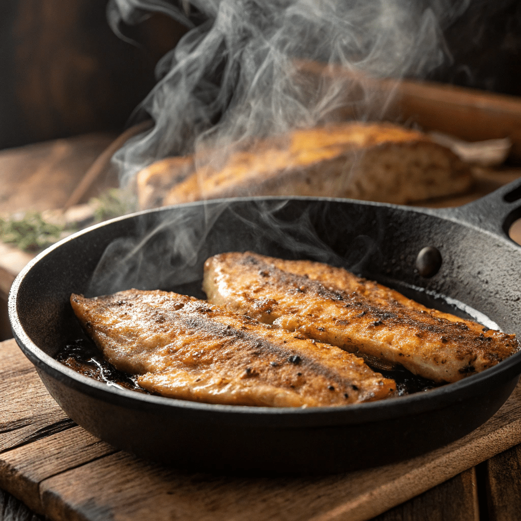 Blackened catfish fillets cooking in a cast iron skillet with a smoky crust