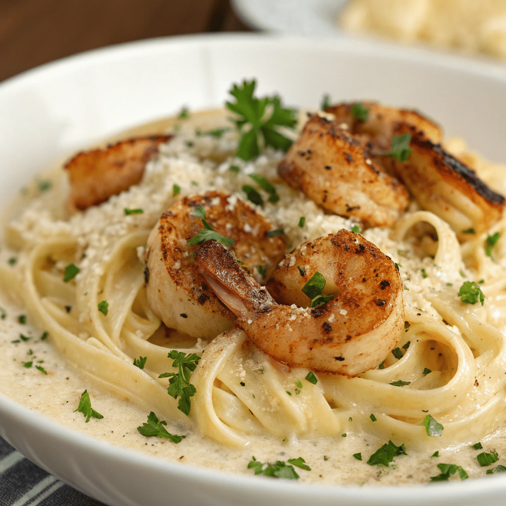 extreme close up of creamy blackened shrimp alfre