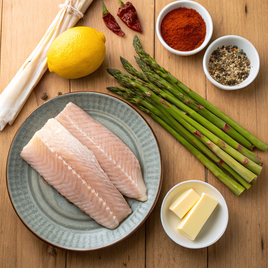 Flat lay of blackened catfish ingredients including spices, catfish, asparagus, and lemon