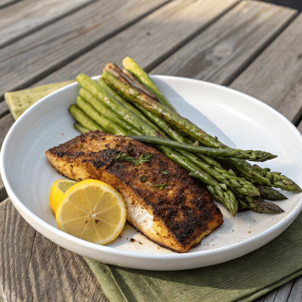  Blackened catfish served with asparagus and lemon on a rustic plate